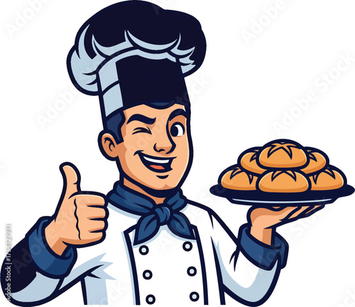 Cartoon chef mascot winking and giving a thumbs up while holding a platter of fresh bread rolls.