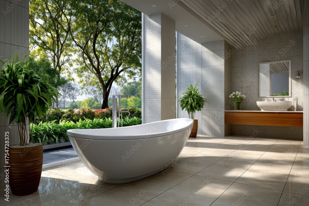 Fototapeta premium A luxurious modern bathroom with a freestanding tub, overlooking a serene green garden with sunshine streaming in, creating a tranquil and relaxing spa-like ambiance.