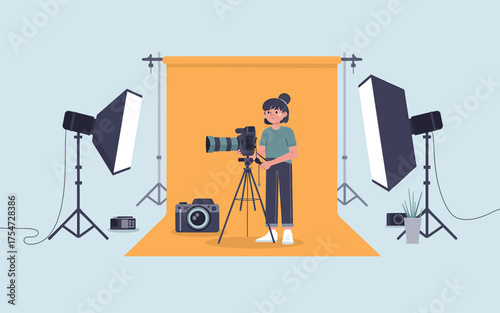 Creative photography studio setup with camera lighting and person capturing images