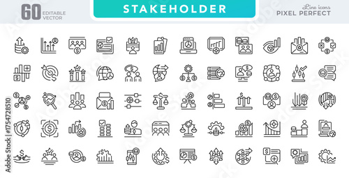 Stakeholder line icon set. Governance, climate, impact, responsibility, diversity, communication, collaboration, relationship, trust, influence, feedback, mapping outline icons. editable stroke