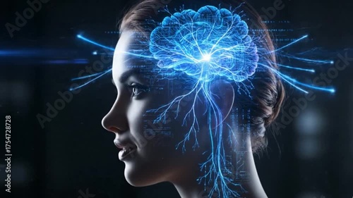 Visualization of information flow inside a woman’s brain, neuroscience and cognitive concept