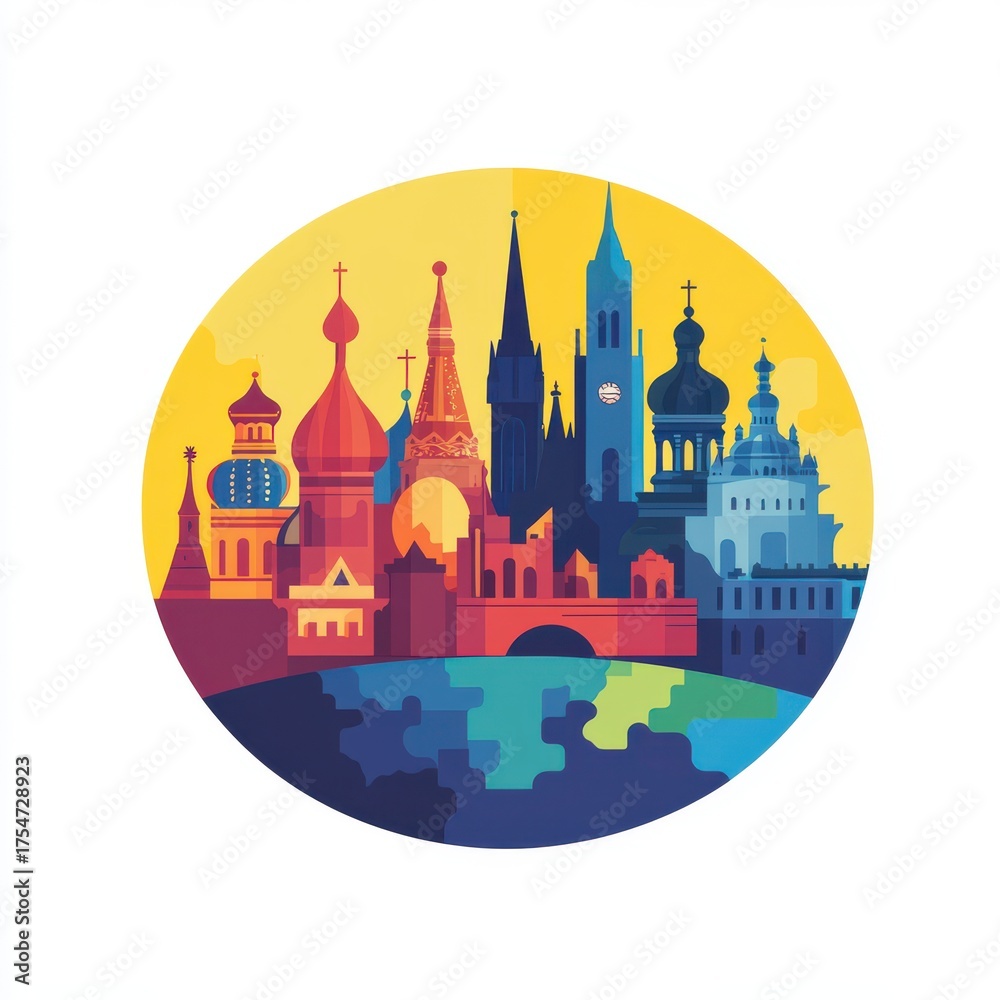 Naklejka premium Circular vector of colorful Eastern European skyline with iconic cathedral domes