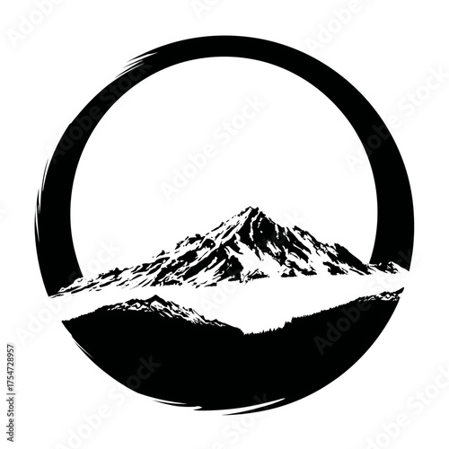 Minimalist black and white mountain silhouette graphic within a traditional Enso circle brushstroke. Zen nature landscape vector art for design.