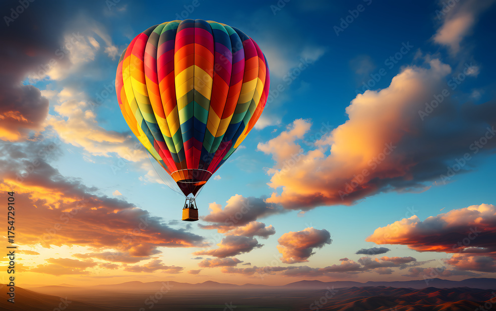 Obraz premium Colorful hot air balloon floats over a stunning landscape at sunrise