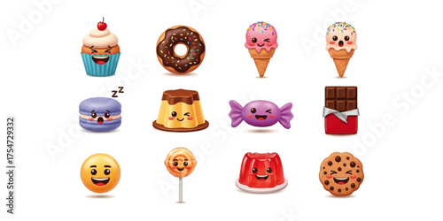 a set of cute 3D vector emoji icons inspired by desserts