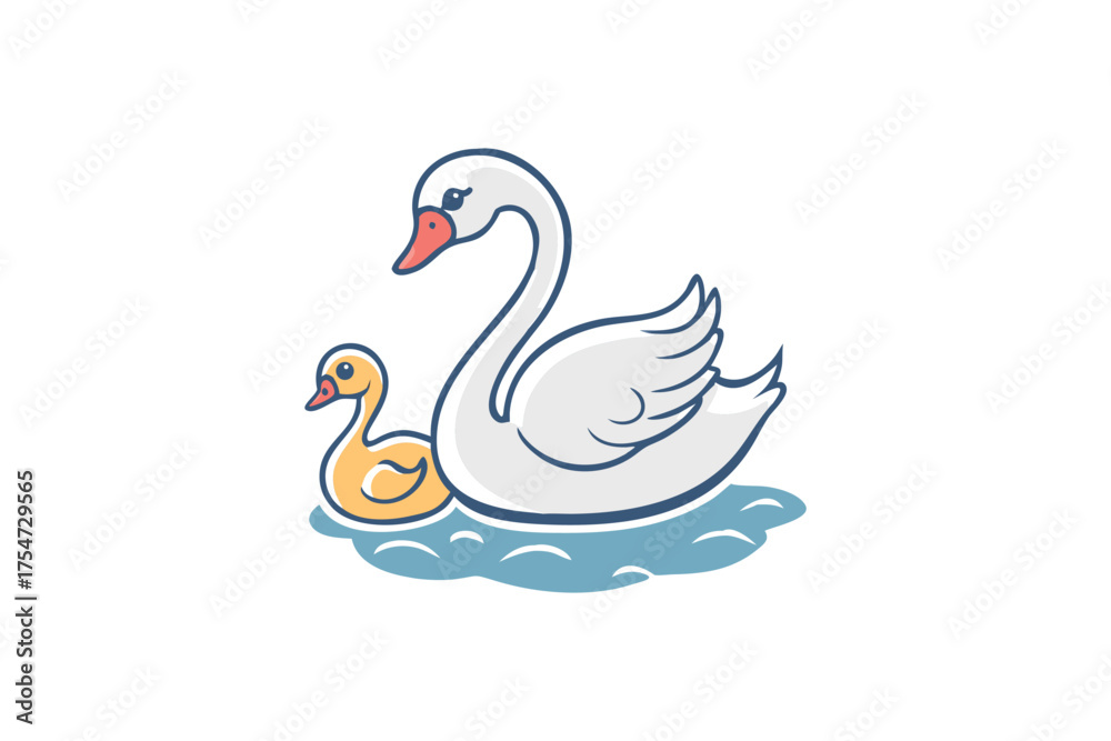 Fototapeta premium A mother swan with her cygnet swimming peacefully a graceful silhouette