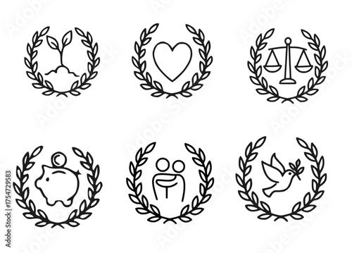 Handmade Laurel Emblem Icons Set – Peace, Love, and Justice Outline Symbol Collection