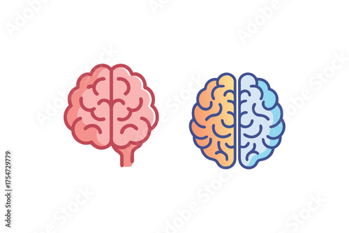 Two colorful human brains side by side a detailed illustration silhouette