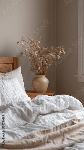 vertical image. Beige, white, and gray pillow set, with natural linen and cotton bed sheets. A soft, natural bouquet of flowers in a boho style.