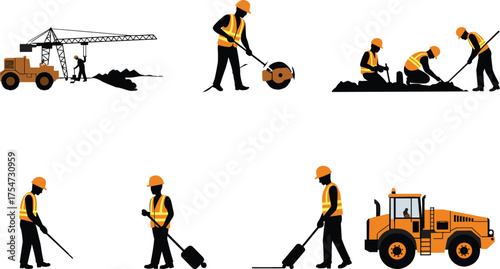 Industrial crane operations with workers lifting heavy cargo, port loading, construction machinery, flat vector illustration for logistics and engineering design