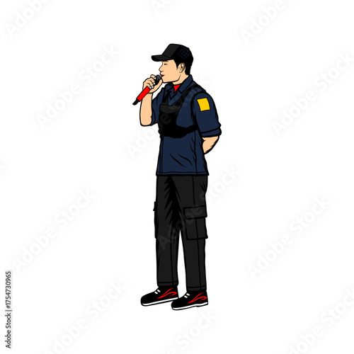 A man stands talking into a microphone, seen from the side vector illustration