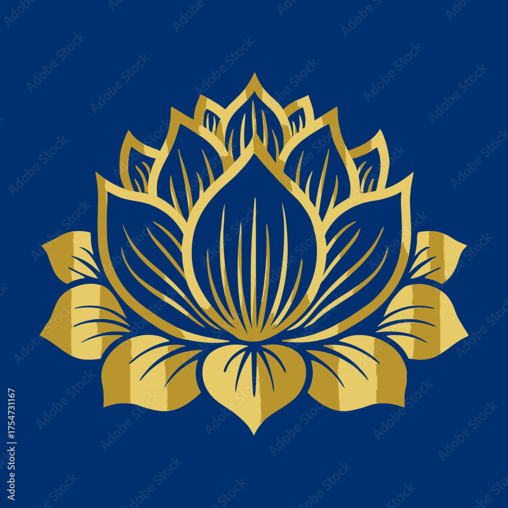 Obraz premium Elegant Golden Lotus Flower Illustration on Dark Blue Background. Stylized Floral Design, Symbol of Spirituality, Purity, and Growth.