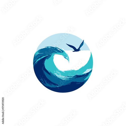 Abstract blue ocean wave illustration with a flying bird in a circular design. Marine nature, coastal travel, and summer vacation concept.