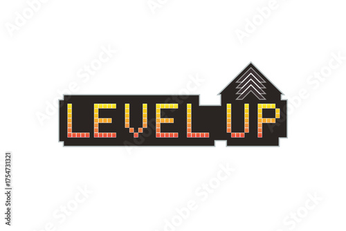LEVEL UP icon pixel art. 8 bit game for game assets in vector illustrations on white background.