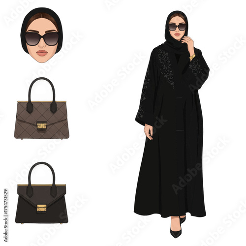 Elegant Muslim woman in a black abaya with stylish handbags and sunglasses, representing modern Islamic fashion and accessories