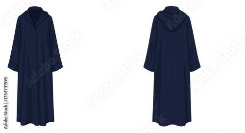 Navy blue hooded robe with open front and long sleeves, shown from front and back