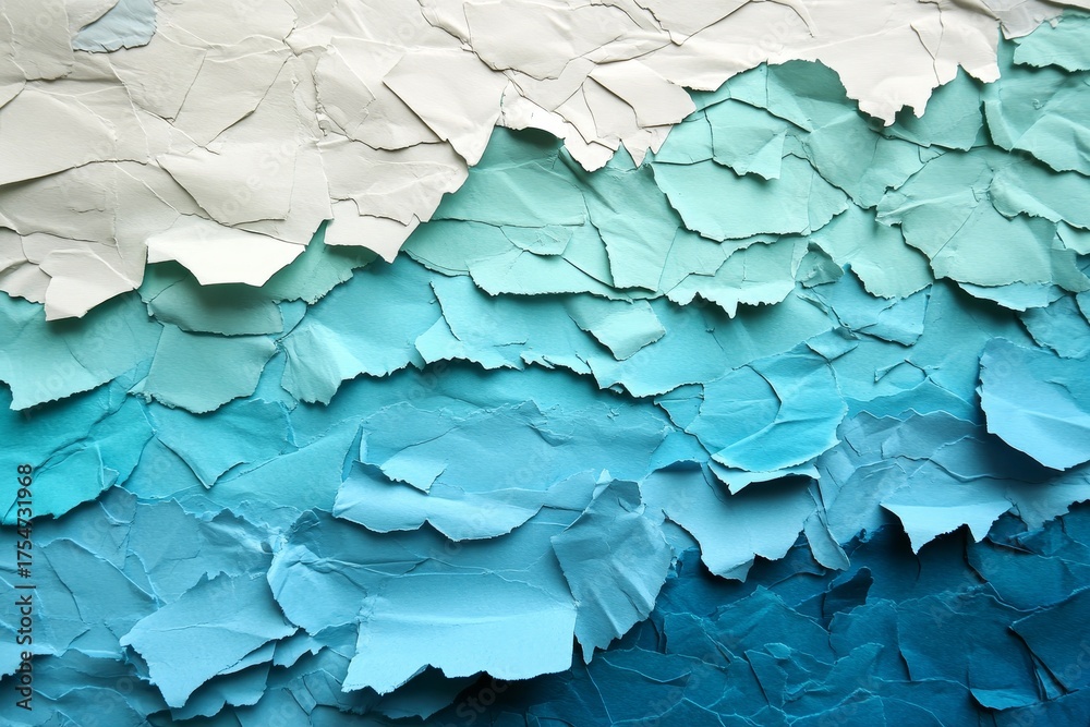 Fototapeta premium A textured abstract design composed of layers of torn paper, transitioning from light to deep teal blue.