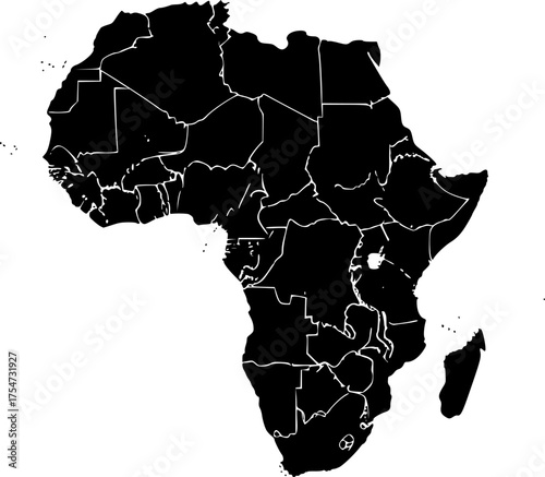 African countries silhouette. This image shows a black silhouette of the African continent with outlined borders separating its nations. Vector clipart illustration design