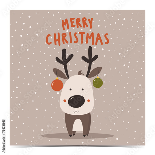 Merry Christmas - cute greeting card, postcard, invitation with an adorable reindeer on a snowy beige background with snowflakes, vector illustration