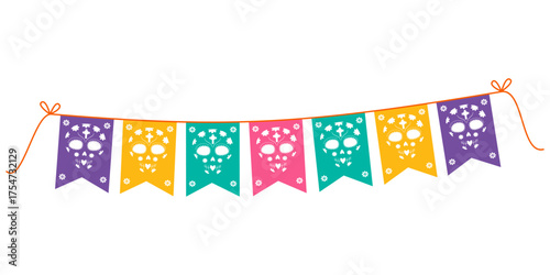 Day of the Dead Colorful Pennant Garland on Rope with Cut Out Sugar Skull Mexican Celebrations Decor