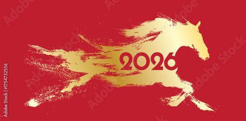 2026 year of the horse greeting design with golden brush strokes on red background for chinese lunar new year