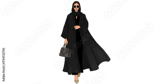 Elegant woman in a flowing black abaya, sunglasses, and handbag, exuding sophistication and style