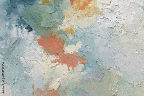 A muted palette of soft blues, greens, and peaches, blended in a textured abstract painting, evokes a sense of tranquil serenity.