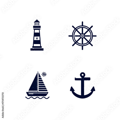 Nautical vector icons set: lighthouse, ship's wheel, anchor, and sailboat. Maritime symbols for sea travel and marine themes.