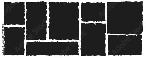Set of black torn paper shapes with jagged edges. Ripped rectangle frames, grunge textured elements for collage, sticker, banner, text box. Vector silhouettes isolated on white background	
