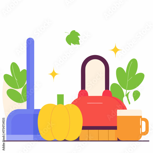 Autumn home setup with cleaning tools pumpkin and warm beverage