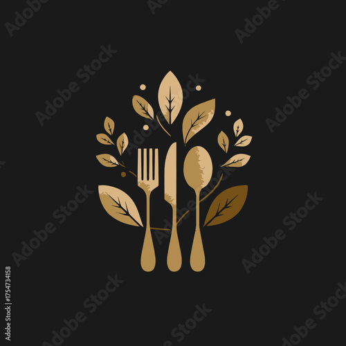 Premium Golden Cutlery Icon with Elegant Botanical Leaves on Dark Background, Symbolizing Healthy Organic Food