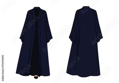Dark Blue Abaya Front and Back View of Traditional Islamic Clothing AA255
