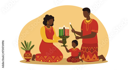 African family celebrating Kwanzaa while lighting candles together  