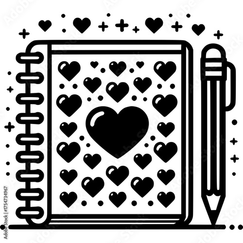 Love's Memoir: An artistic rendering of a notebook adorned with hearts, alongside a pencil, encapsulates the essence of love and personal reflection. Capturing the emotions of writing, memories.