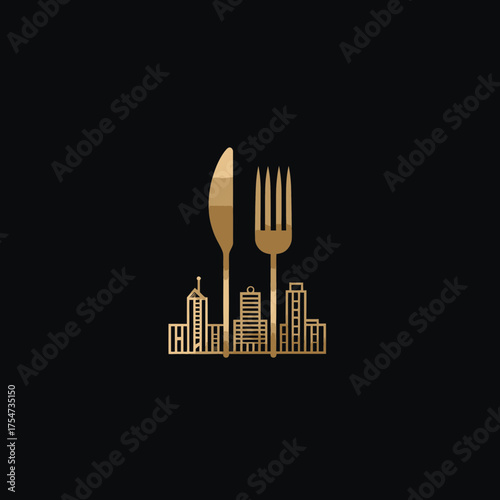 Golden elegant cutlery and urban city skyline logo. Luxury fine dining restaurant concept icon on black background. Modern gourmet food design.