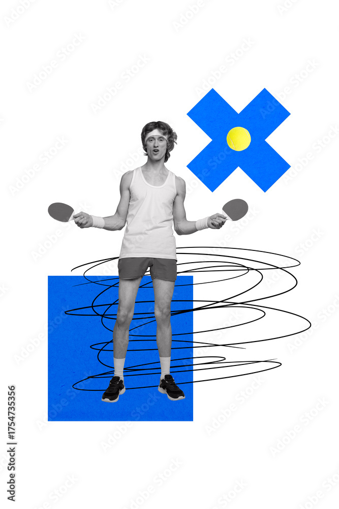 Fototapeta premium Vertical photo collage of serious sportsman hold rocket push ball tennis game sport activity competition isolated on painted background