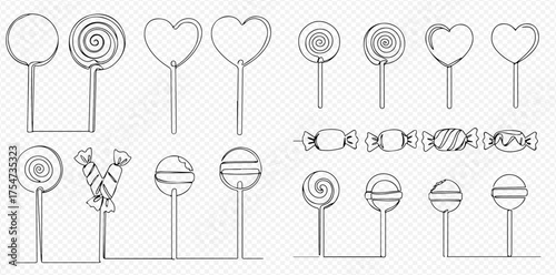 A collection of hand-drawn line art illustrations featuring various lollipops in circular, spiral, and heart shapes, along with wrapped candies, all depicted in a continuous sketch style.