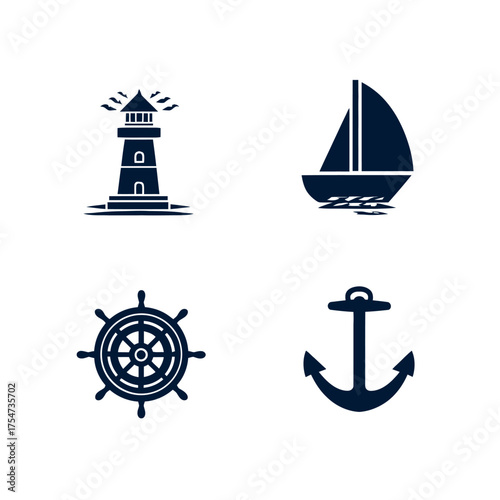 Vector set of nautical marine icons: lighthouse, sailing boat, ship's wheel, and anchor silhouettes. Sea travel and maritime symbols.