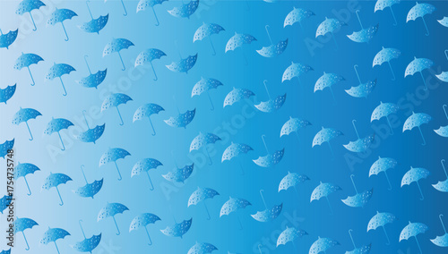Blue Umbrella Seamless Vector Pattern Background with Raindrops