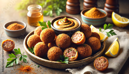 A photorealistic close-up of a plate of crispy fried boudin balls with mustard dipping sauce