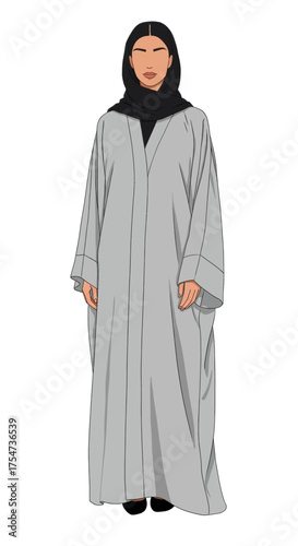 Woman in traditional Islamic attire, a modest abaya and hijab, depicted in a clean, minimalist illustration