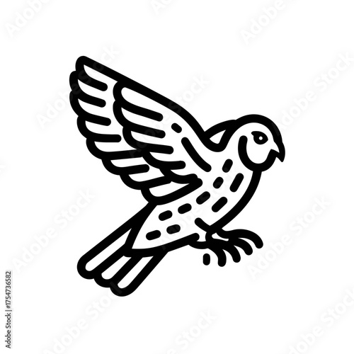 Minimalist black line art icon of a soaring bird of prey in flight, simple vector illustration of a majestic avian creature