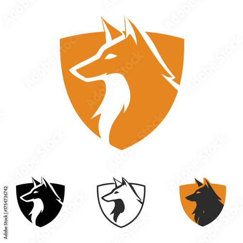 Modern Stylized Fox Head Emblem with Protective Shield Shape Logo Icon Vector Graphic Design Element