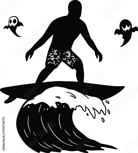 Surfer silhouette illustration, spooky ghost surfing scene, creepy phantom artwork, haunted ocean wave design, scary halloween theme, supernatural fantasy, surreal artwork