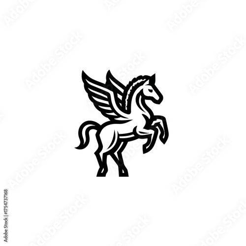 Majestic black and white winged horse illustration, mythical creature with powerful wings, fantasy animal symbol icon, vector graphic.