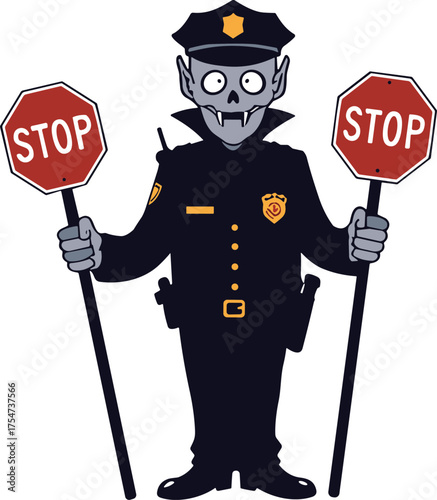 Vampire police officer illustration, spooky law enforcement art, surreal stop sign design, gothic cartoon character, supernatural humor artwork, eerie Halloween concept