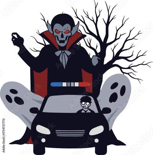 Vampire police car scene, gothic horror illustration, spooky law enforcement art, surreal night design, supernatural satire, eerie fantasy artwork, ghostly atmosphere