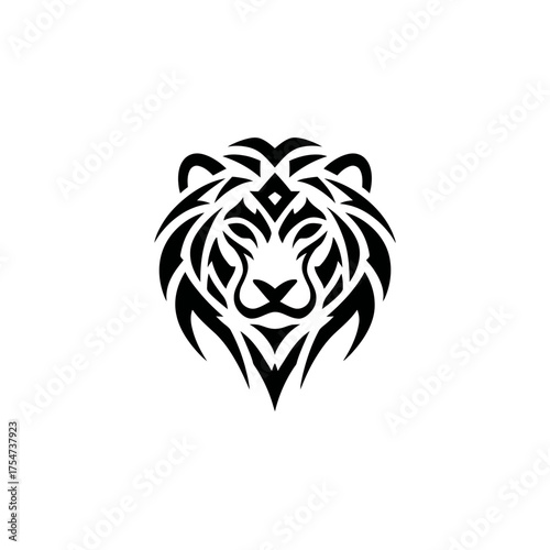 Powerful tribal lion head illustration in black and white. Majestic wild animal symbol of strength, courage, and leadership. Modern vector graphic design.