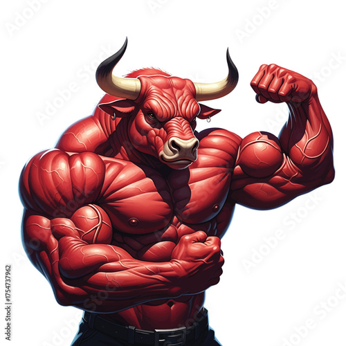 Powerful Red Muscular Bull Mascot Flexing Biceps Symbol of Strength and Power