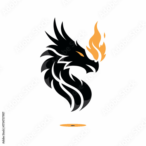 Dynamic black dragon head roaring with orange fire flame breath graphic. Fierce mythical beast vector illustration design.